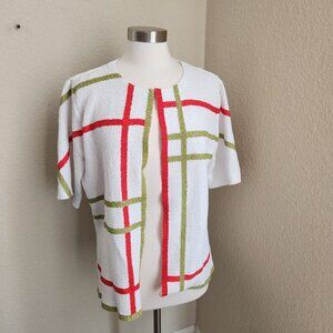 Elizeh Womens Size 14 White Red Short Sleeve Knit‎ Open Front Blouse
